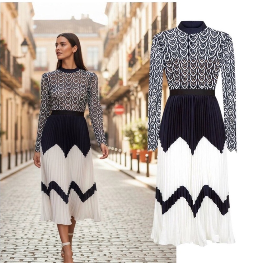 Self-Portrait Navy and White Long Sleeve Dress